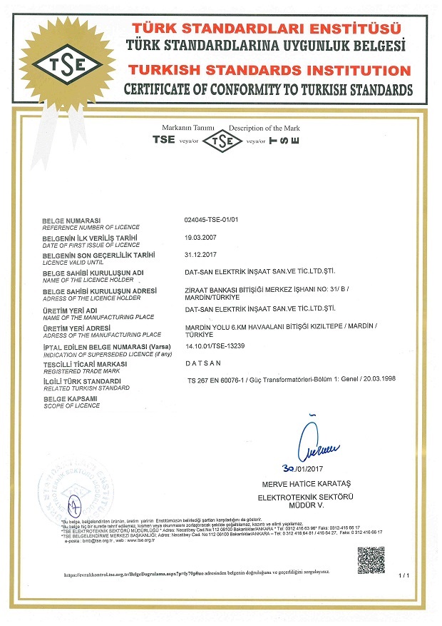TSE 267: Turkish Standard Institution Certificate of Conformity 